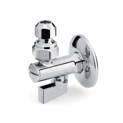 Rubinetto sottolavabo a sfera 1/2" cromato  con filtro e snodo per tubo 10 mm. Leva in plastica.