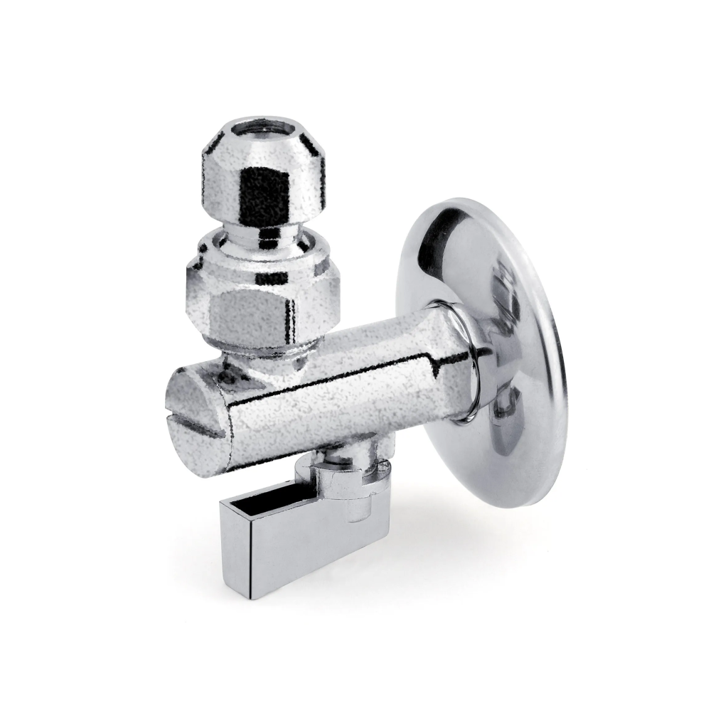 Rubinetto sottolavabo a sfera 1/2" cromato  con filtro e snodo per tubo 10 mm. Leva in plastica.